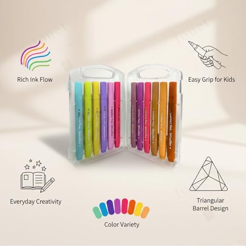 Image of JOUET Washable Triangle Markers for Kids, Ergonomic Easy-Grip Design, Safe and Vibrant Coloring Pens for School & Art Projects, Set of 12 Colors