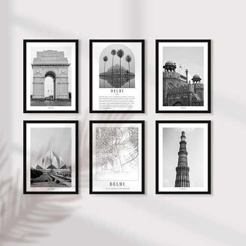 Image of PAINTINGMANTRA A3 Delhi Wall Art Prints Pack of 6, Heritage Landmark Framed Decor, Red Fort, Qutub Minar, Architectural Photography, Photos for Living Room, Bedroom, Office Decoration(32x44 cm)