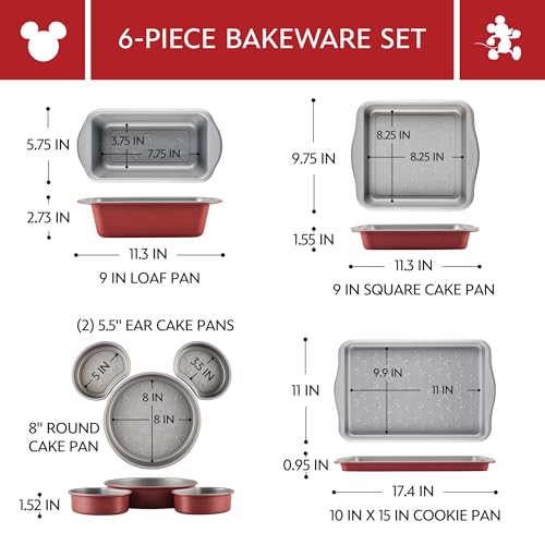 Farberware Disney Bake with Mickey Mouse Nonstick Bakeware Cake Pans, Baking Sheet, and Loaf/Meatloaf Pan, 6 Piece Non Stick Bakeware Set - Red - image 2