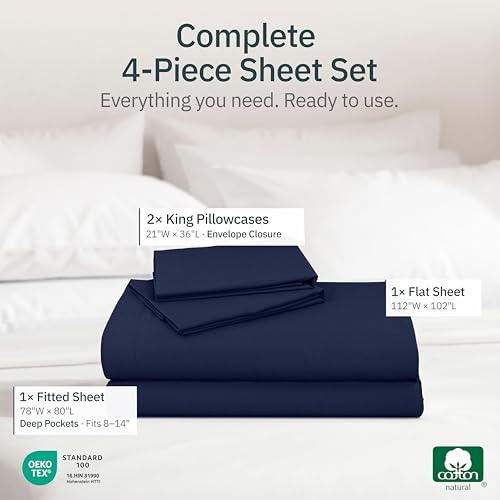 Image of Super Soft 100% Cotton King Bed Sheet Set, 4 Pc Set, Navy Blue | Lightweight & Breathable For Hot Sleepers, 14 inch Deep Pocket, All-Around Elastic, Durable, Easy Care, OekoTex Certified