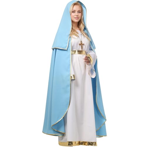 UniqKaliber Halo Virgin Mary Costume for Women Adults Nativity Christmas Costumes Suit Biblical Costume, White & Blue, S-M - Image 3