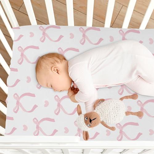 Image of Fitted Crib Sheets Coquette Pink Ribbon Bow Stretchy Portable Playard Sheets for Baby Toddler, Breathable Soft Mini Crib Mattress 39 x 27 in for Boys and Girls