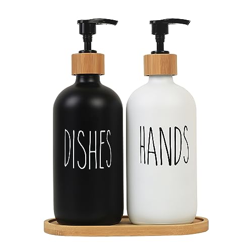 Kök Tvål Dispenser Set, 500ml Glas Tvål Dispenser, 2 Stk Handsåp Dispenser med Pump Återfyllning, Diskmedel Flaska för Kök, Badrum, Dusch, Shampoo, Lotion