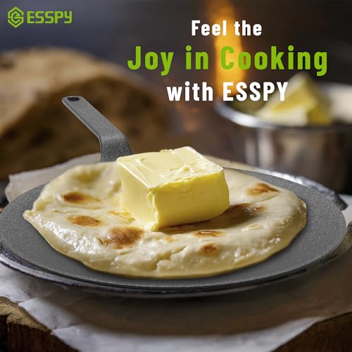 Image of Esspy 23cm /9inch Pre-Seasoned Cast Iron Roti Tawa with Silicon Sleeve, Iron Tawa for Chapati /Phulka, Even Heat Distributor, Retains Heat to Enhance Flavor, Toxin Free Cast Iron Cookware