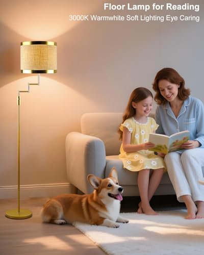 Image of Lightdot 70IN Gold Floor Lamp Dimmable Linen Shade LED Floor Lamps with 3000K for Wedding /Party,350 Degree Swing Arms, Modern Tall Lamp for for Reading, Sewing, and Craft (Bulbs Included)