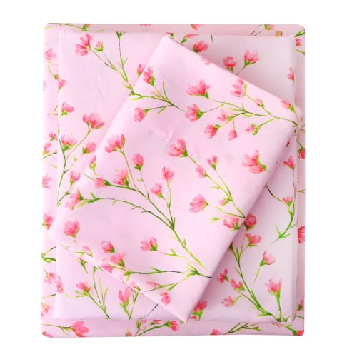 Image of Mooreeke Cozy Floral Microfiber Printed Queen Sheet Set - Soft & Breathable Pink Flowers Bed Sheets with Deep Pocket - Non-Slip Fitted Design - Pink Flowers with Green Branches Pattern - Queen