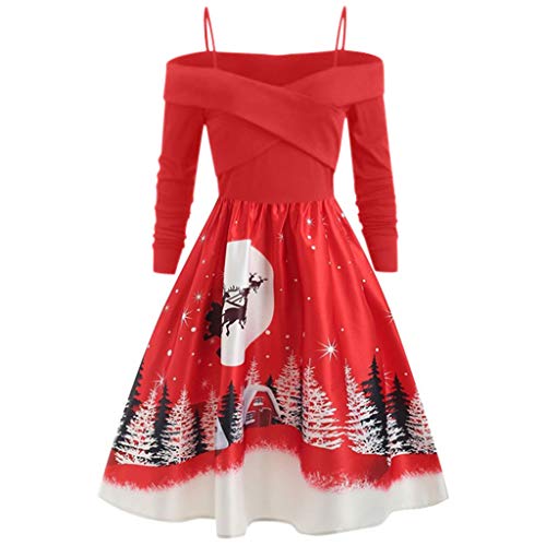 Weihnachtskleid Rentier Damen 50er Vintage Retro Rockabilly Kleider Petticoat Faltenrock Cocktail Festliche Kleider Vintage Schulterfrei Lange Ärmel...