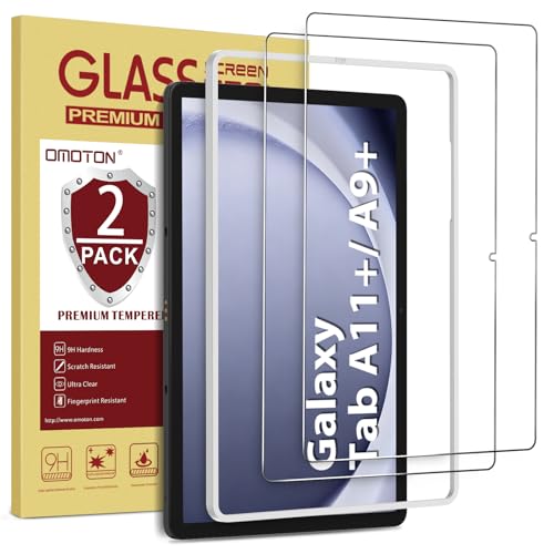 OMOTON Panzer Schutz Glas für Samsung Galaxy Tab A11+/A9+, 9H Festigkeit Schutzfolie Folie kompatibel mit Samsung Tab A11 Plus/A9 Plus, Schutzglas mit Rahmen-Installationshilfe, Anti- Kratzer, 2 Stück