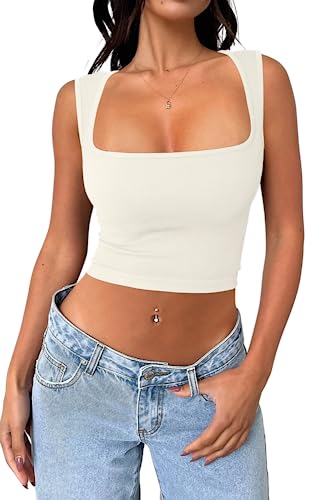 Meyeeka Womens Sleeveless Strappy Tank Square Neck Workout Fitness Casual Basic Crop Tops Beige M #TOP23
