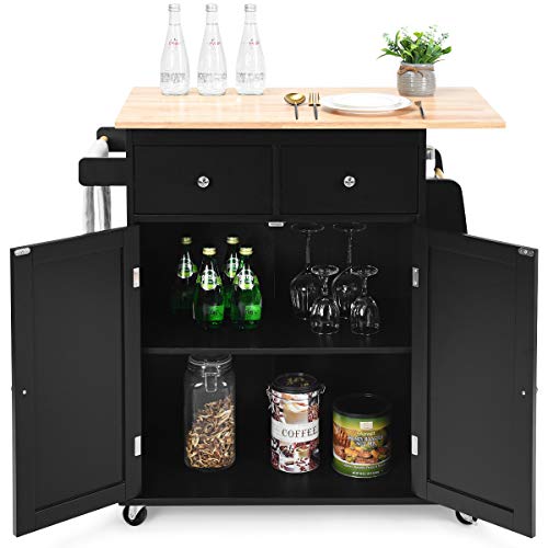 Giantex Kitchen Island Cart, Rolling Wood Trolley with Storage Cabinet, Towel Handle, 2 Drawers, Side Spice Rack and Wine Bottle Rack, Kitchen Cart on Wheels, Rubber Wood Countertop (Black)