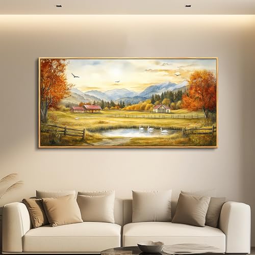 PHAOHUAXM Large Wall Art For Living Room Canvas Wall Decor For Farmhouse Office Decoration Bedroom Ink-Wash Landscape Paintings Wood Framed Printing Dining Room Kitchen Modern Home Decor 24"X48"