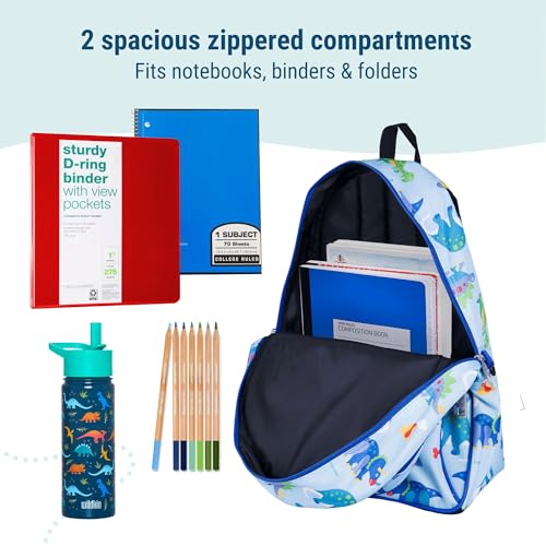 Image of Wildkin 15 Inch Backpack for Kids, Dinosaur Land | Ages 5-10, padded straps, side water bottle pocket - coordinates with matching Wildkin lunch boxes and water bottles