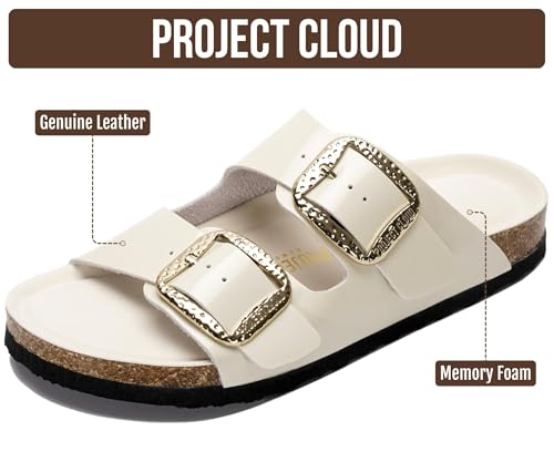 Image of Project Cloud 100% Genuine Leather Footbed Sandals for Women 2026 Comfortable Beach Essentials Womens Sandals Memory Foam Vacation Essentials Slides for Women Footwear (Santorini)