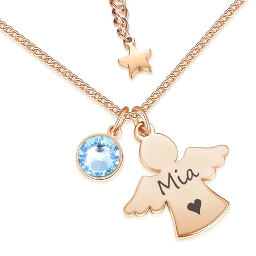 Personalisierte Kette mit Schutzengel und Geburtsstein in Silber und Rosegold | Taufgeschenke für Mädchen zu Kommunion Konfirmation Einschulung | Namenskette Personalisiert mit Gravur