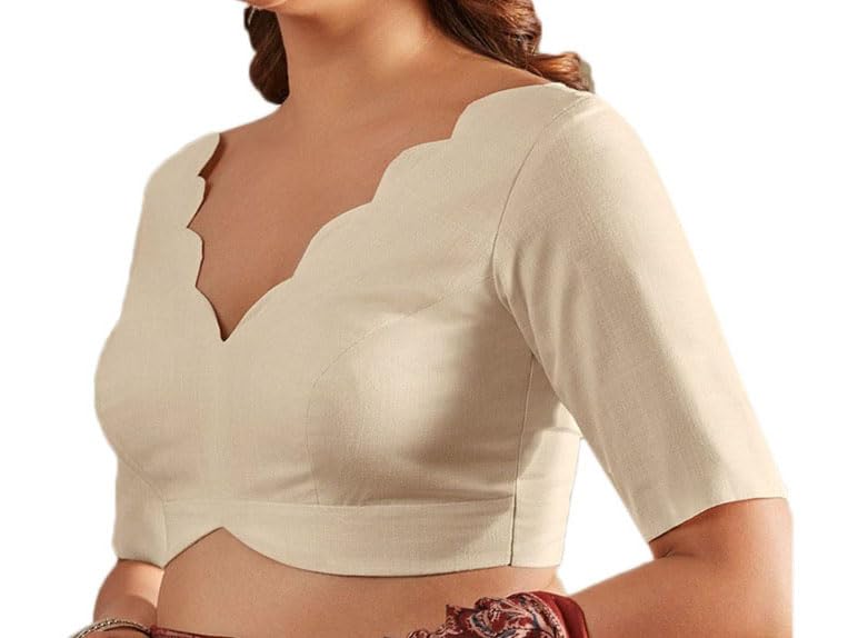 Scallop V-Neck Linen Saree Blouse Readymade Stitched Padded Sari Choli4