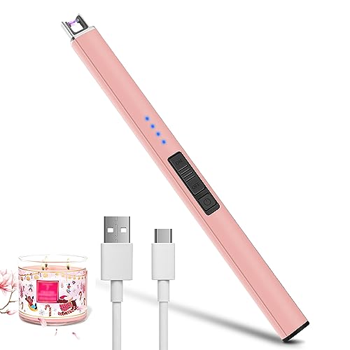 Candle Lighters Long Reach, Long Lighter for Candles, Dual Arc Plasma Lighter with LED Light, Lighter for Candles, Indoor, Outdoor, Camping（Rose Gold）