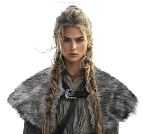 Viking Fur Shawl Collar Medieval Faux Fur Mantle Shoulder Wrap for Women Viking Costume Accessory (Gray-2 One Size)
