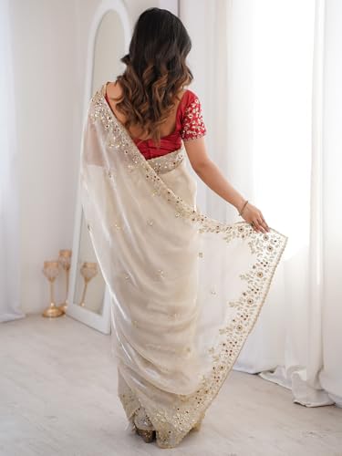 Image of AKHILAM Women's Shimmer Off White Georgette Sequence Embroidery Saree With Unstitched Blouse Piece