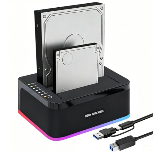 Dock Disque Durs Double Baie, RGB USB 3.0 Station Lecteur Disque Dur La Fonction de Clonage Hors Ligne Prend en Charge UASP Jusqu'à 2*20 to Double Baie pour...