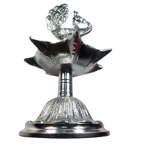 ORIVILLE WHITE METAL Finish DIYA: Peacock-Topped Medium KASHI SAMAI KUTHU VILAKKU SAPTA (07-Notched) DEEPAM/ JYOTI/ LAMP with Stand (07 Inches: Please RE-ASSEMBLE on receipt - as per photo instructions) - Image 4 thumbnail