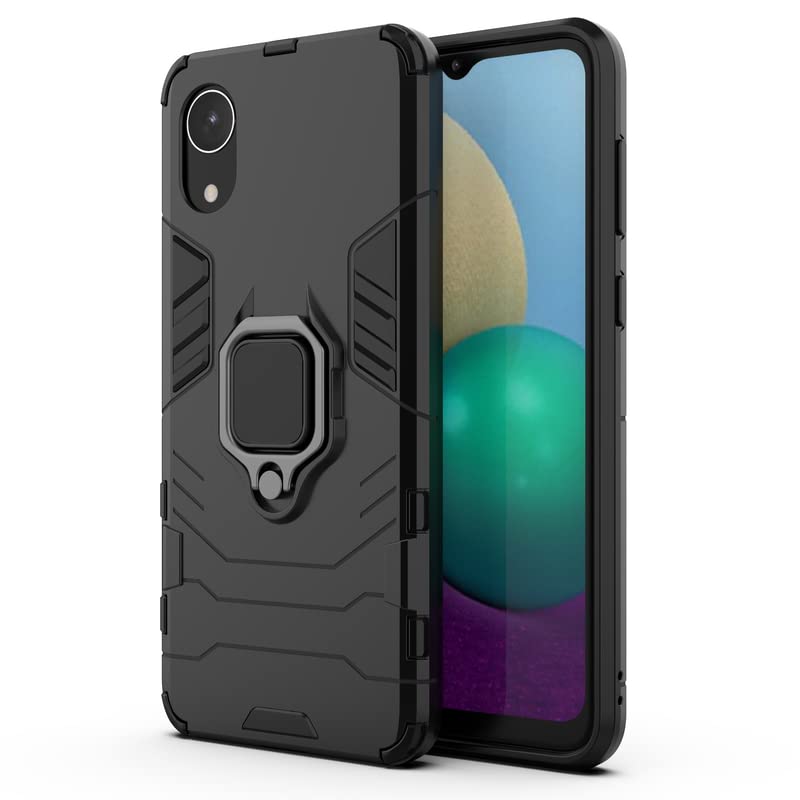 Image of Hybrid Armor Shockproof Soft TPU and Hard PC Back Cover Case with Ring Holder for Samsung Galaxy A03 Core (Black)