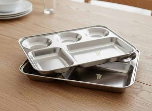 Image of MOHAM Stainless Steel Rectangular Partition Plate 5 in1 /Bhojan Thali /Compartment Plate /Steel Thali /Dinner Plate Pack of 2 for Breakfast /Lunch /Dinner /Pav Bhaji Plates