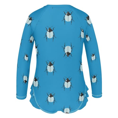 Beetle Pattern on Blue Girls Rash Guard Swimsuits Long Sleeve One Pieces Bathing Suit UPF 50+ Zipper Swimwear3