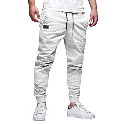 Lightning Deals of Today Herren Gerade geschnittene Stretch-Cargohose Herrenmode, lässige Bleistifthose mit mittlerer Taille, solide Tasche in voller Länge (White, XL)
