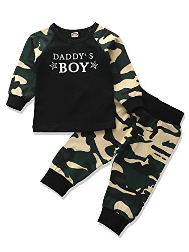 Baby Boy Girl Sweatshirt Outfit Daddy's BOY Letter Print Long Sleeve T-Shirt Tops+Camouflage Pants 2PCS Newborn Fall Winter Clothes Set Unisex (X#Daddy's BOY Camouflage Outfit, 12-18 Months)