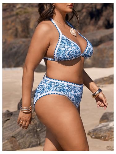 OYOANGLE Women's Plus Size 2 Piece Boho Printed Bikini Swimsuit Triangle Halter Bathing Suit High Waisted Swimwear4