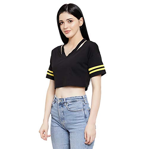 Image of LE BOURGEOIS Women Solid Loose Fit Desiger V-Neck Short Sleeve Dance Party Casul Crop Top