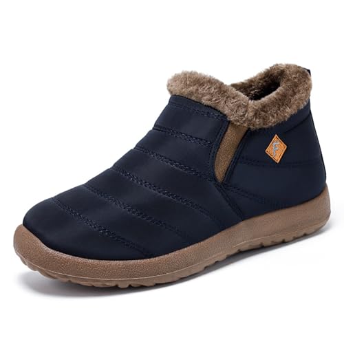 Image of Men's Waterproof Slip On Snow Boots Comfort Warm Fur Lined Non Slip Outdoor Winter Booties Work Walking Lightweight High Top Cotton Shoes
