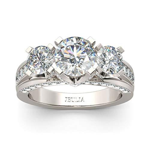 Jeulia 3 Carat Three Stone Engagement Rings for Women Round Cut Sterling Silver Wedding Rings Cubic Zirconia Pave Wedding Band Ring Set Anniversary Promise with Jewelry Gift Box