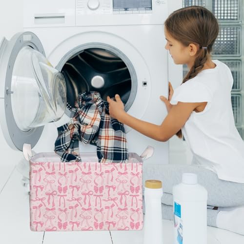 Image of Pink Bow Foldable Storage Bins, Waterproof Toy and Clothes Organizer for Nursery Room, Pink Cute Decorative Fabric Basket for Girls Bedroom, Foldable Gift Box for Game Room, Bow Party Decor