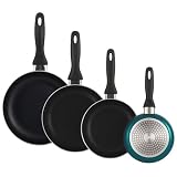 Set de 4 sartenes, fabricadas en aluminio prensado, con exterior revestido en un elegante color azul metalizado, resistente a altas temperaturas, e interior antiadherente en negro.