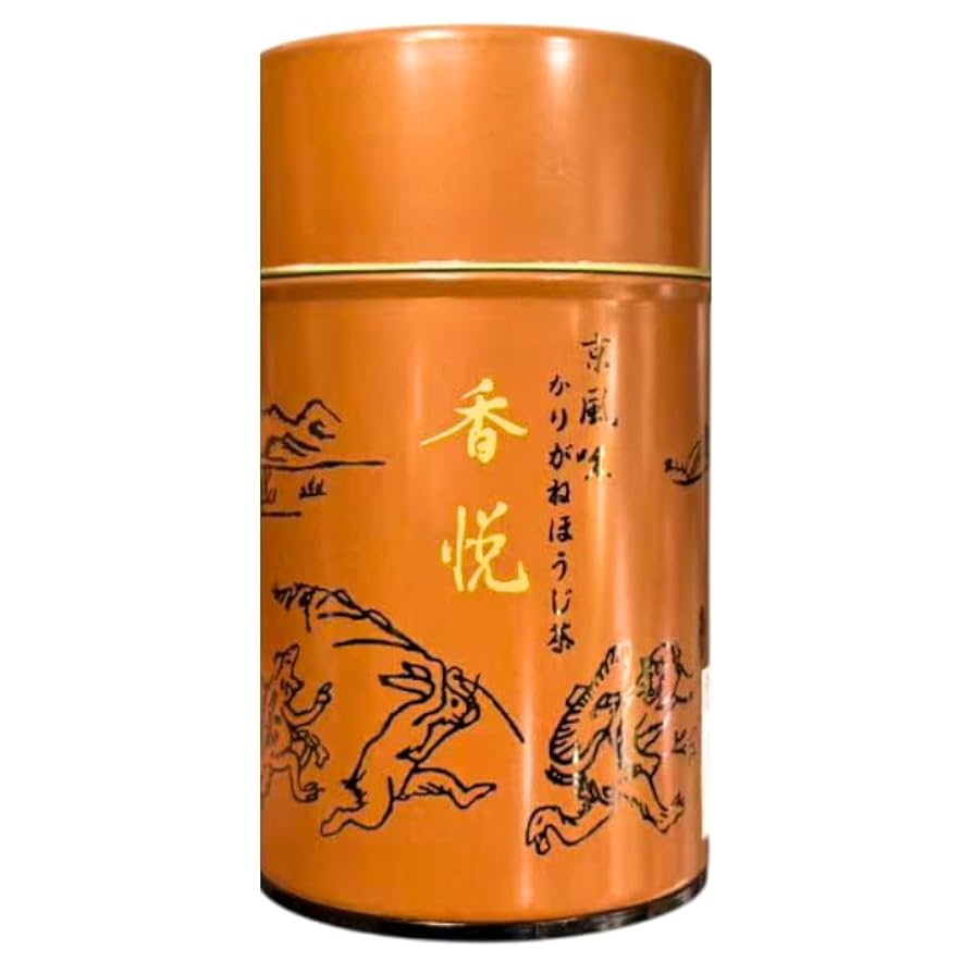 Amazon | 鳥獣戯画絵柄缶【 ほうじ茶 香悦 ・ オレンジ 缶 】柳