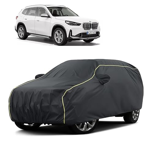 Image of Sulfar 100% Water Resistant Car Body Cover Compatible with Mirror for BMW X1 (Triple Stitched, Full Bottom Elastic, Dark Grey Taffeta with Yellow Piping)
