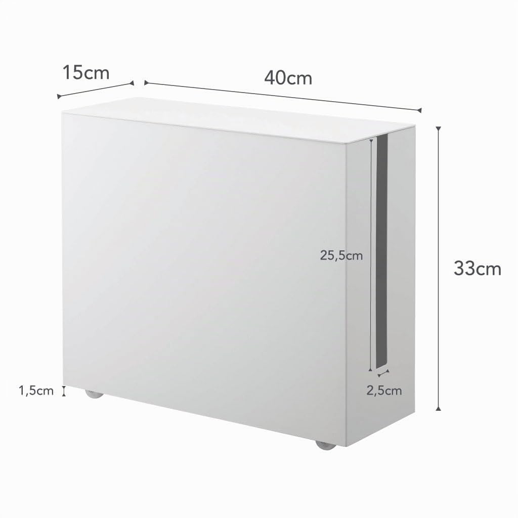 YAMAZAKI TOWER Kabelbox mit Rollen aus Stahl - mit Belüftungslöcher, Ablage für Steckdosenleiste - 40 x 15 x 34,5 cm, japanisches Design, weiß