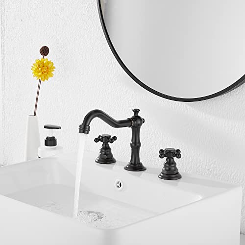 Ggstudy Two Handles Three Holes Faucet 8-16 Inch Widespread Bathroom Sink Faucet Oil Rubbed Bronze Basin Tap Mixer Supply Hose Included Matching Metal Pop Up Drain #TOP5