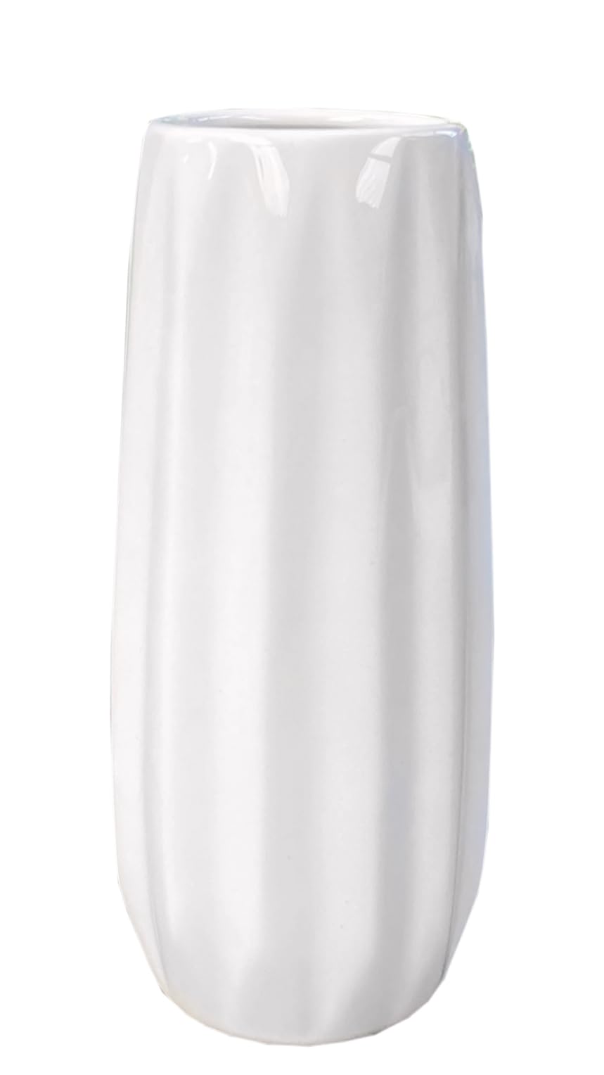 White Ceramic Vase 19cm Cylinder Embossed Line Styles Wedding Table Piece Centrepiece Flower Arranging Home Decor Shiny Gloss Glaze Ornament (White Vase(A))