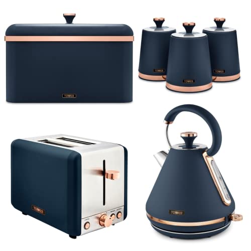 Tower Cavaletto Midnight Blue & Rose Gold 1.7L 3KW Pyramid Kettle, 2 Slice Toaster, Bread Bin & Set of 3 Canisters. Contemporary Matching Kitchen Set of 6 Items in Midnight Blue & Rose Gold