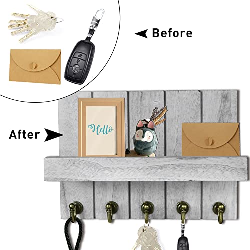 Wood Key Mail Holder Wall-Mounted - With 5 Vintage Key Hooks, Key Holder For Wall Decorative, Rustic Key Hanger, Key Rack For Leash, With Shelf For Entryway, Office, Grey #TOP1