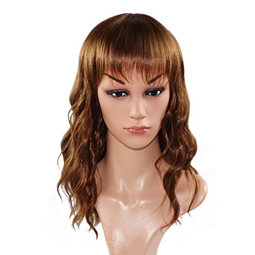 Frombet 14inches/35.5CM Medium Bob Hair Black/Wine Red/Brown with Bangs Women Girl Curly Cosplay Synthetic Wigs + Free Wig Cap (Brown)