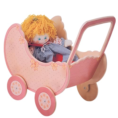 Cochecito de madera para muñecas Dida rosado de 50 cm para niños de 2 a 4 años