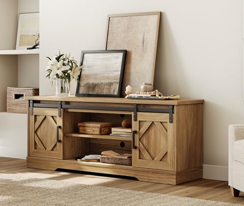 Image of WAMPAT Farmhouse Style TV Stand for 55-65 inch TV w /Distressed Wood Finish