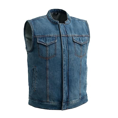 First Mfg Co Havoc Men's Denim Vest: Lightweight Washed Denim, Conceal Carry Pockets, Full Panel Back, Snap Closure Pockets, S-5X