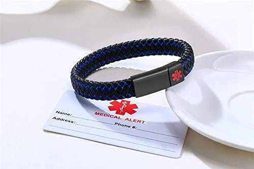 PJ JEWELLERY Custom Engraving Braided Genuine Leather Medical ID Wristband Mens Medical Alert Leather Bracelet with Stainless Steel Magnetic Clasp