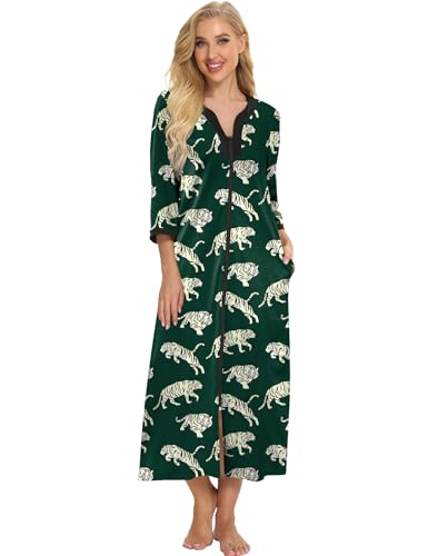 Image of Bloggerlove House Dresses for Women Zip Up Robes Soft Cotton Nightgown Half Sleeve House Coat Long Night Gowns Sleepwear