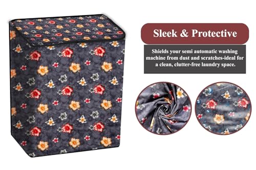 Image of The Furnishing Tree Polyester Waterproof Semi Automatic Washing Machine Cover Suitable for LG 9 Kg, 9.5 Kg & 10 Kg, Dimension DxWxH In Cms: ( 53.3x89x99 ), Floral Pattern Grey