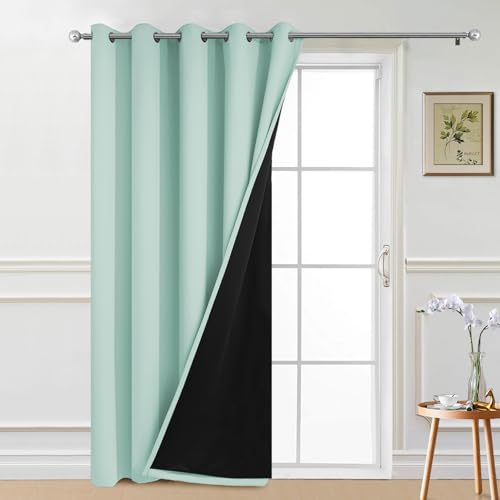 Image of Yakamok Aqua 100% Blackout Patio Door Curtain Panels W70 x L84,1 Panel | Noise Reducing Barrier Panel for Sliding Glass Door, 2 Thick Layers Heat Full Light Blocking Patio Door Drapery